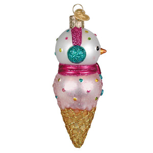 A charming glass 2026 snowman ornament ice cream cone shape with pink color teal nose and magenta ribbon from world christmas family owned