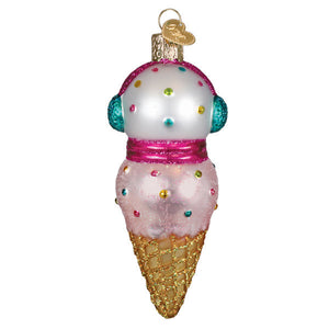 2026 snowman ornament pink and white polka dot ice cream cone with teal earmuffs and gold glitter cone for world christmas fans