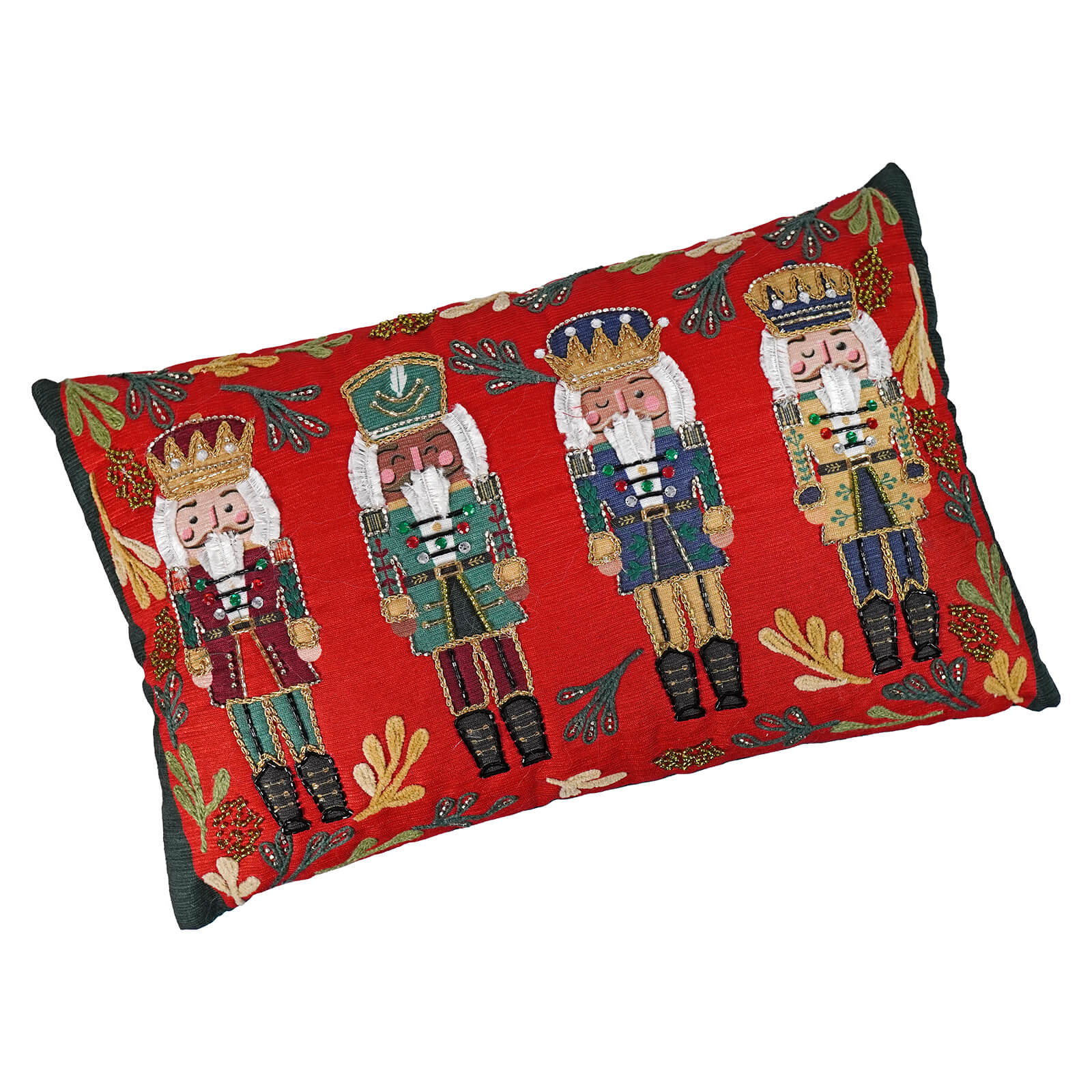 Red rectangular beaded nutcracker pillow with hand stitched fabric christmas pillows featuring gold accented soldiers and foliage
