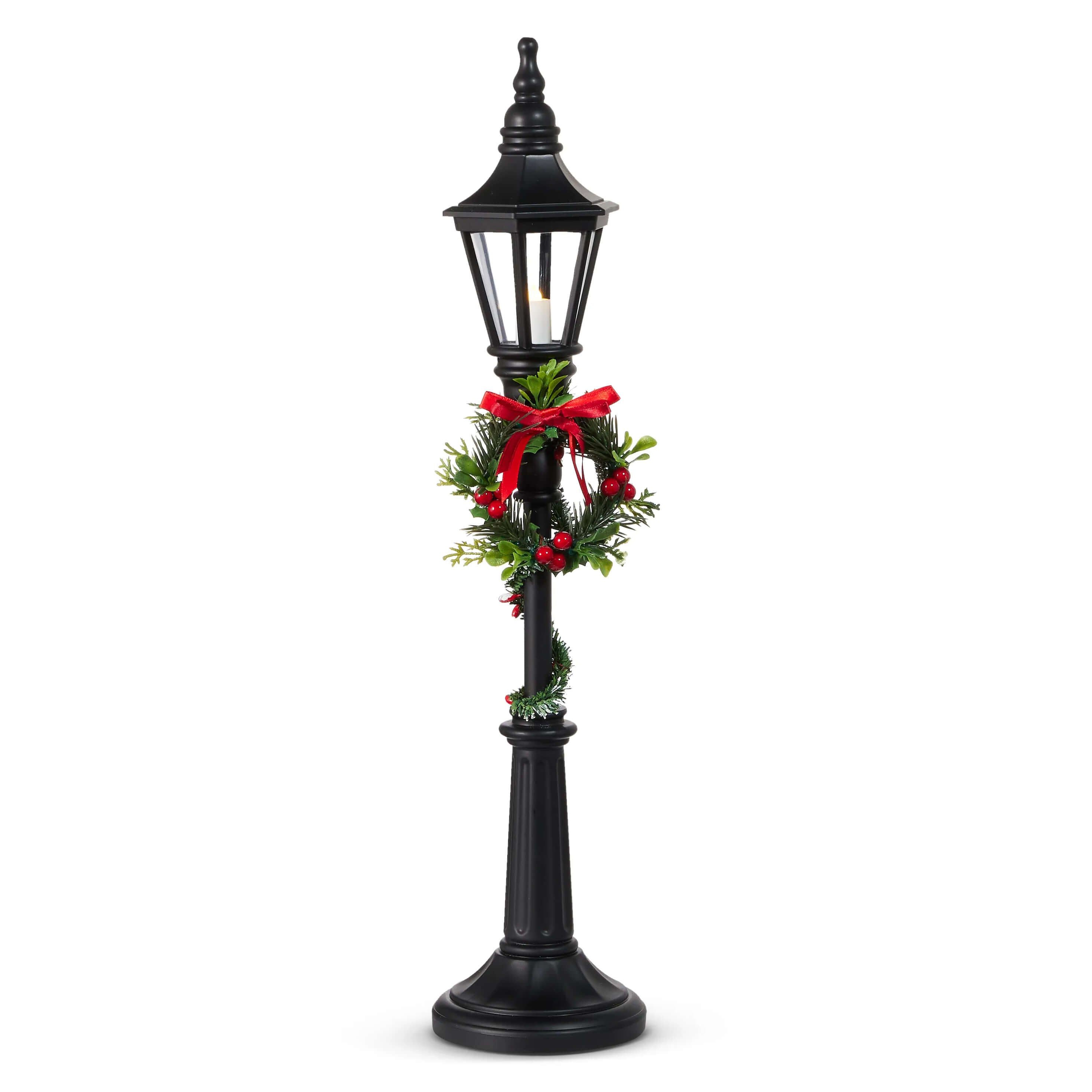 21 inch lighted holiday black lamp post with decorative wreath and bow perfect for christmas lighted tabletop decor
