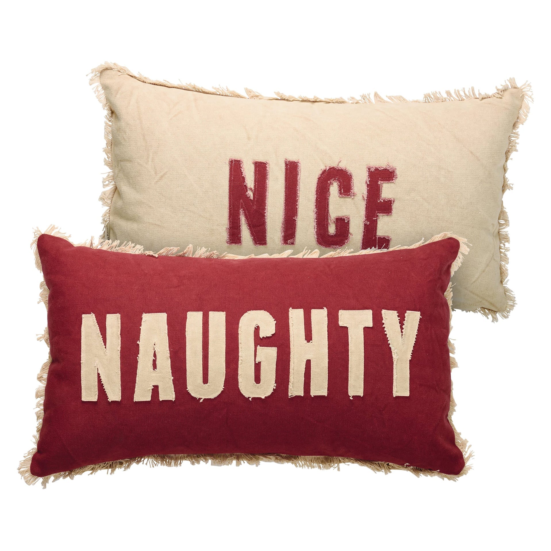Red and cream holiday pillows with frayed edges and bold lettering from dan dipaolo naughty nice pillow collection