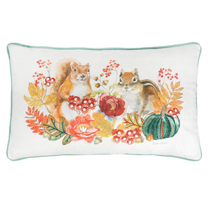 White rectangular chipmunk harvest pillow with watercolor squirrels, autumn leaves, berries, pumpkins, and teal border