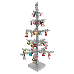 24 inch led lighted silver tinsel metal christmas memories tree with colorful glass ornaments and candy cane decor