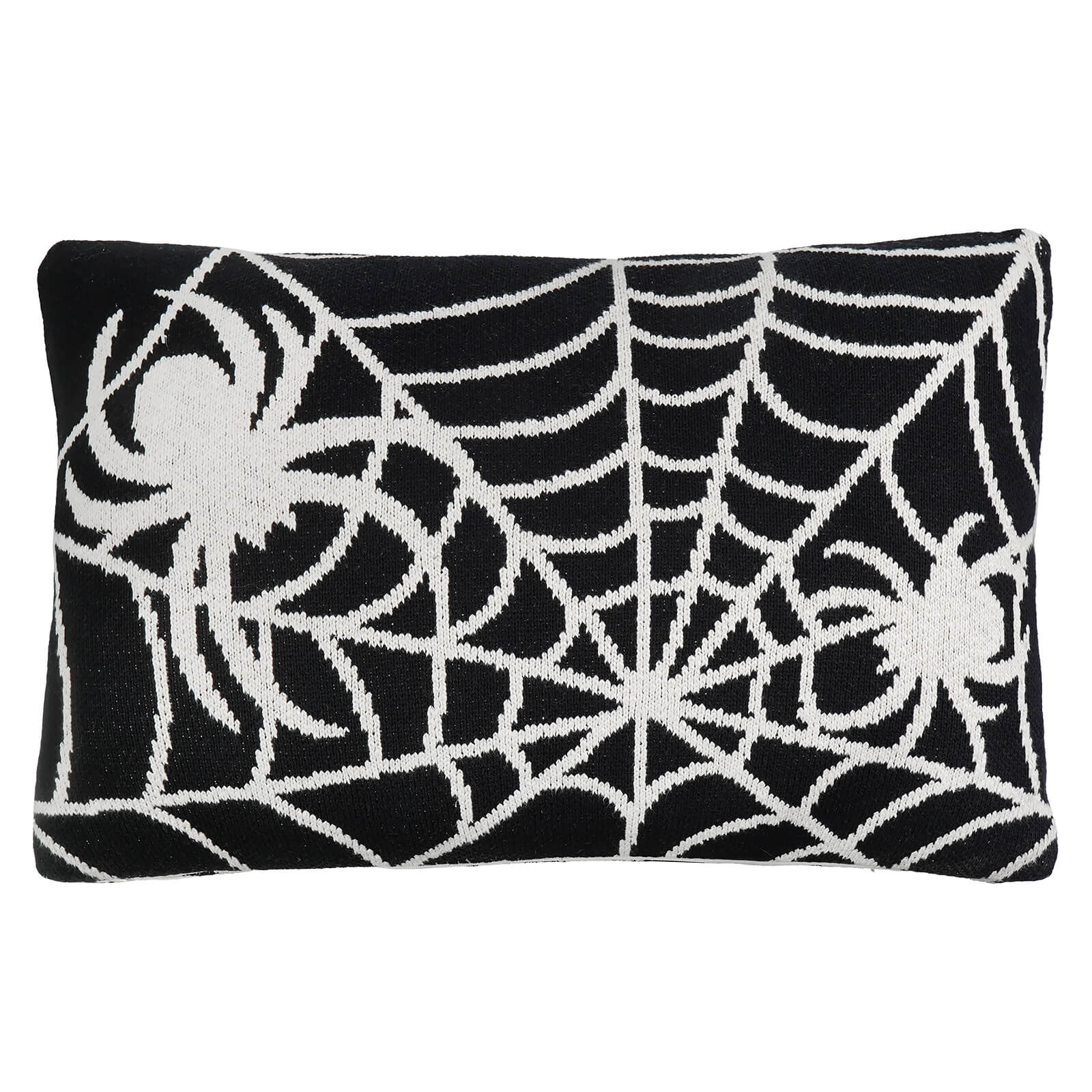 Black rectangular pillow with white knitted spider and web pattern perfect for happy halloween pillow and figural decor