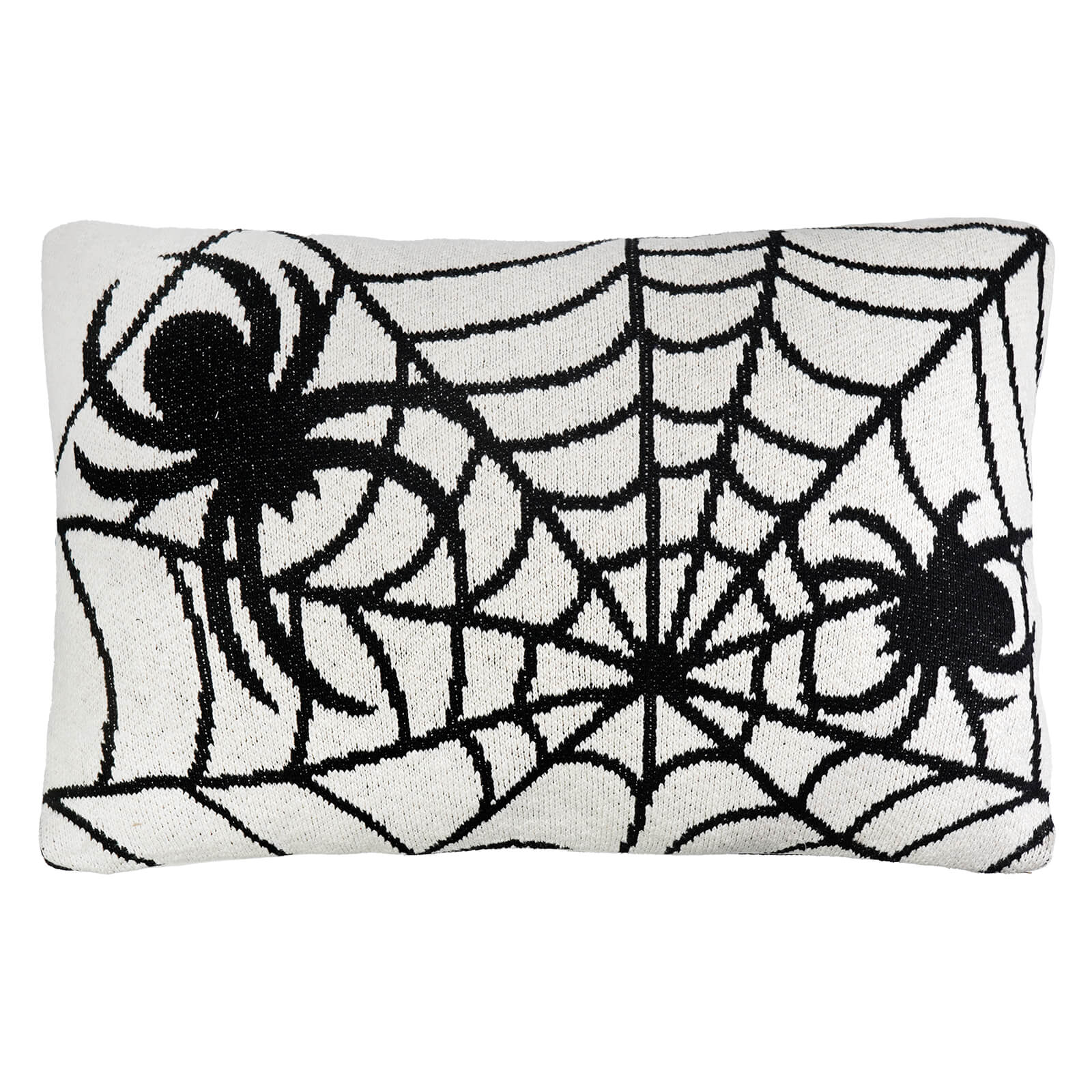 White rectangular spider pillow with black embroidered spiderwebs and spiders perfect happy halloween pillow decor