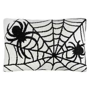 White rectangular spider pillow with black embroidered spiderwebs and spiders perfect happy halloween pillow decor