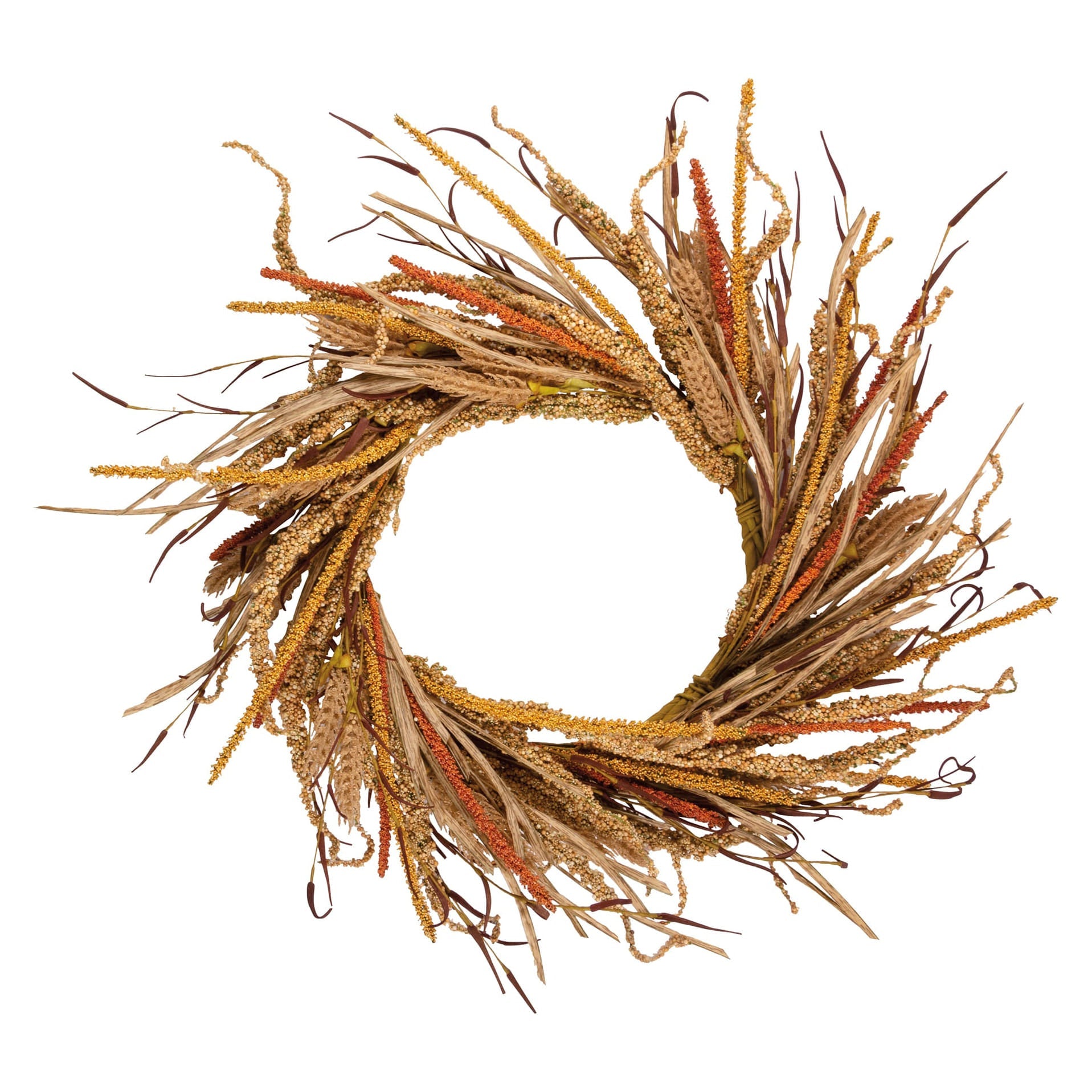 Fall harvest wreath made of dried wheat stalks and grasses in warm golden amber and rust hues for autumn decor