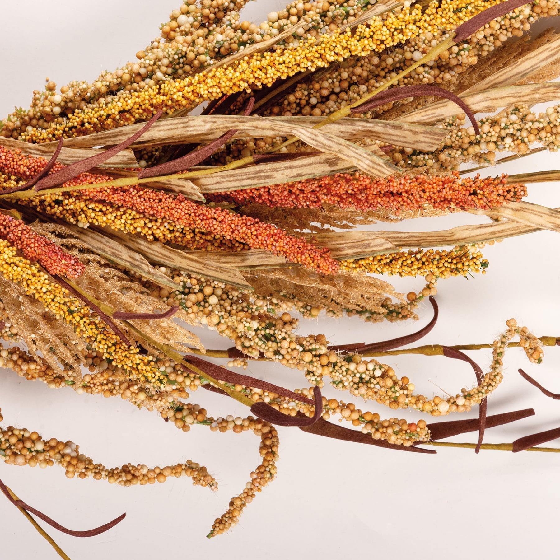Fall harvest wreath with rustic dried grain seed sprays in warm gold amber and rust perfect for autumn decor