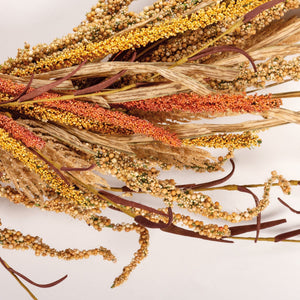 Fall harvest wreath with rustic dried grain seed sprays in warm gold amber and rust perfect for autumn decor