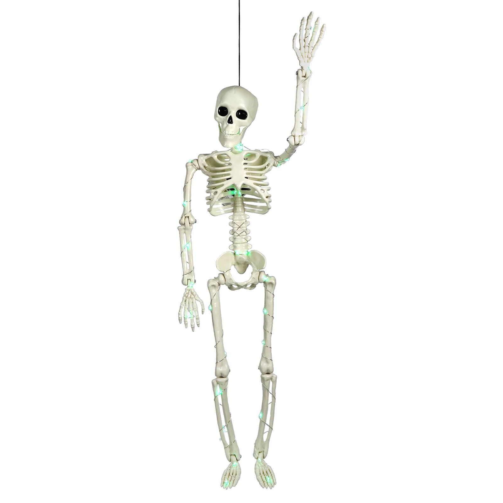A 24 inch white skeleton decoration with green led lights on joints hanging by string for halloween lights and decor