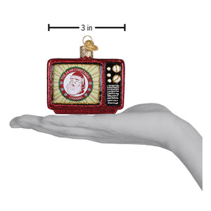 Red glittery vintage tv ornament with santa on screen and gold knobs perfect holiday fitness watch ornament gift