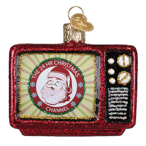 Red glittery glass 24 hr christmas channel ornament shaped like vintage tv with santa and gold heart tag, fitness watch ornament style
