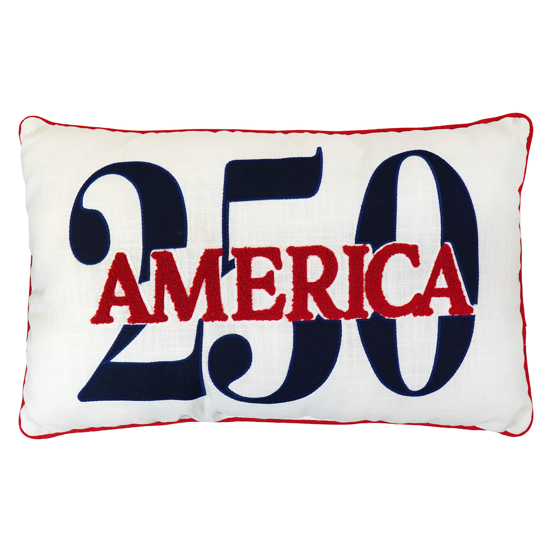 White rectangular patriotic pillow with embroidered navy 250 and red america text spreading holiday cheer by gerson companies