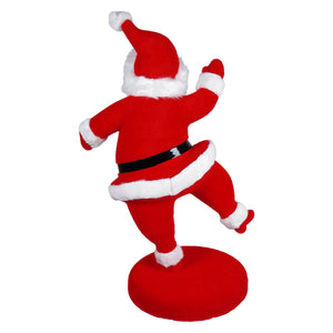 24 inch large flocked red dancing santa with white fur trim and black belt standing on a matching red base