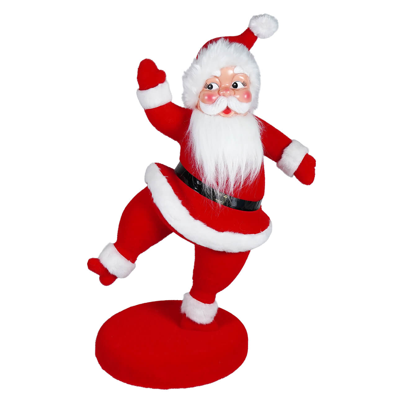 24 inch large flocked red dancing santa figurine with white fur trim and black belt on matching red base