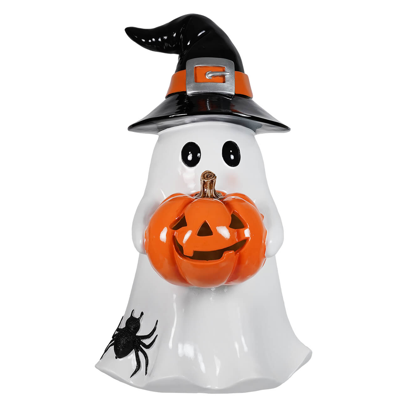 White ceramic raz imports halloween large ghost holding lighted pumpkin with black witch hat spreading holiday cheer