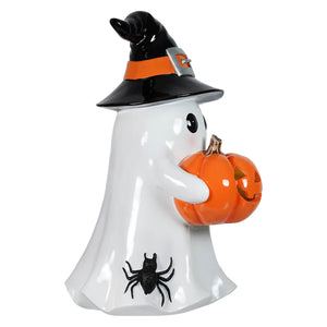 White ceramic ghost figurine wearing black witch hat holding orange lighted pumpkin raz imports halloween large ghost holding lighted pumpkin spreading holiday cheer
