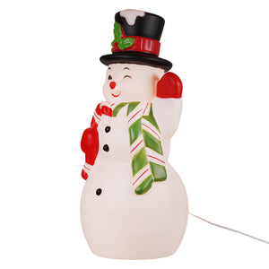 Cheerful white plastic regency international large lighted retro outdoor christmas snowman figure with black top hat and red mittens
