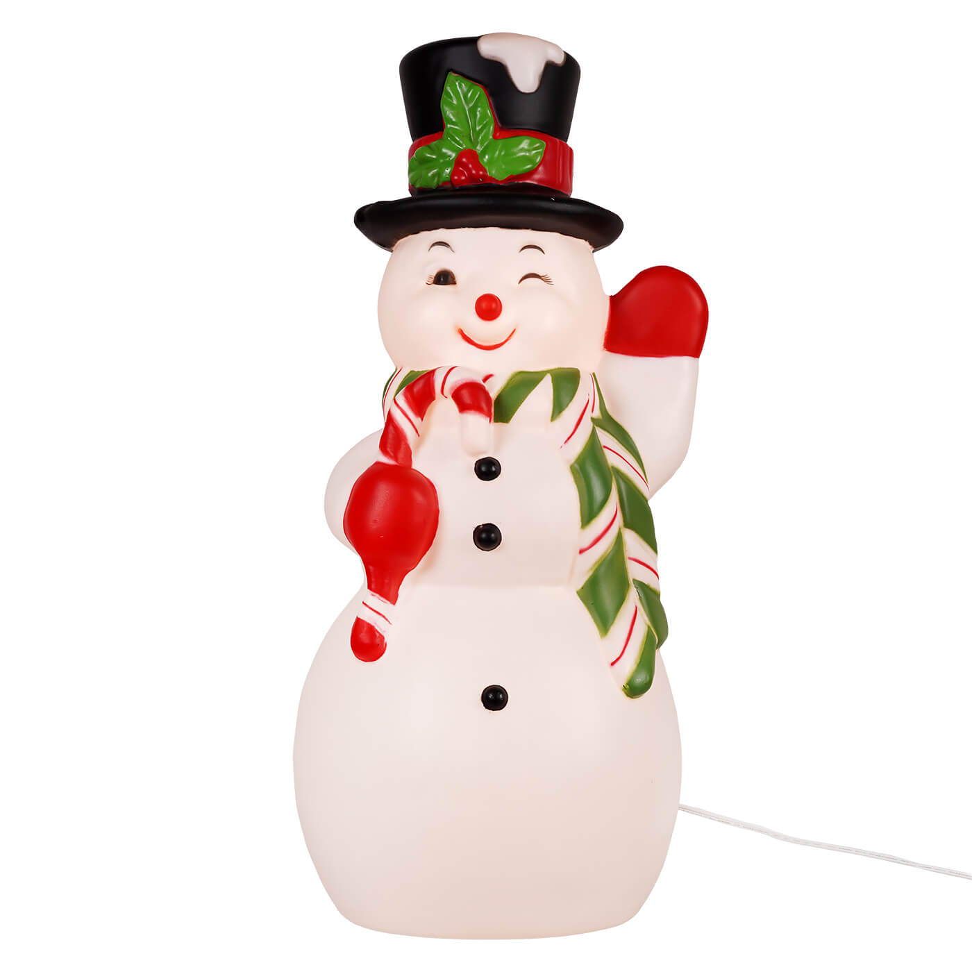 Cheerful white plastic large lighted retro snowman figure by regency international with top hat and candy cane decor