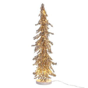 24 inch led lighted gold tinsel metal holiday tree with warm white lights and wood base for festive decor
