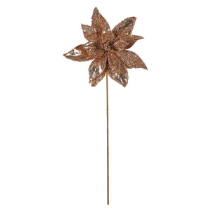 A glittery rose gold star-shaped decoration on a slender 24 inch metallic champagne beaded poinsettia stem