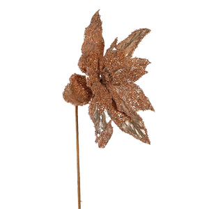 A glittery rose gold metallic champagne beaded poinsettia stem decoration on a slender 24 inch stem