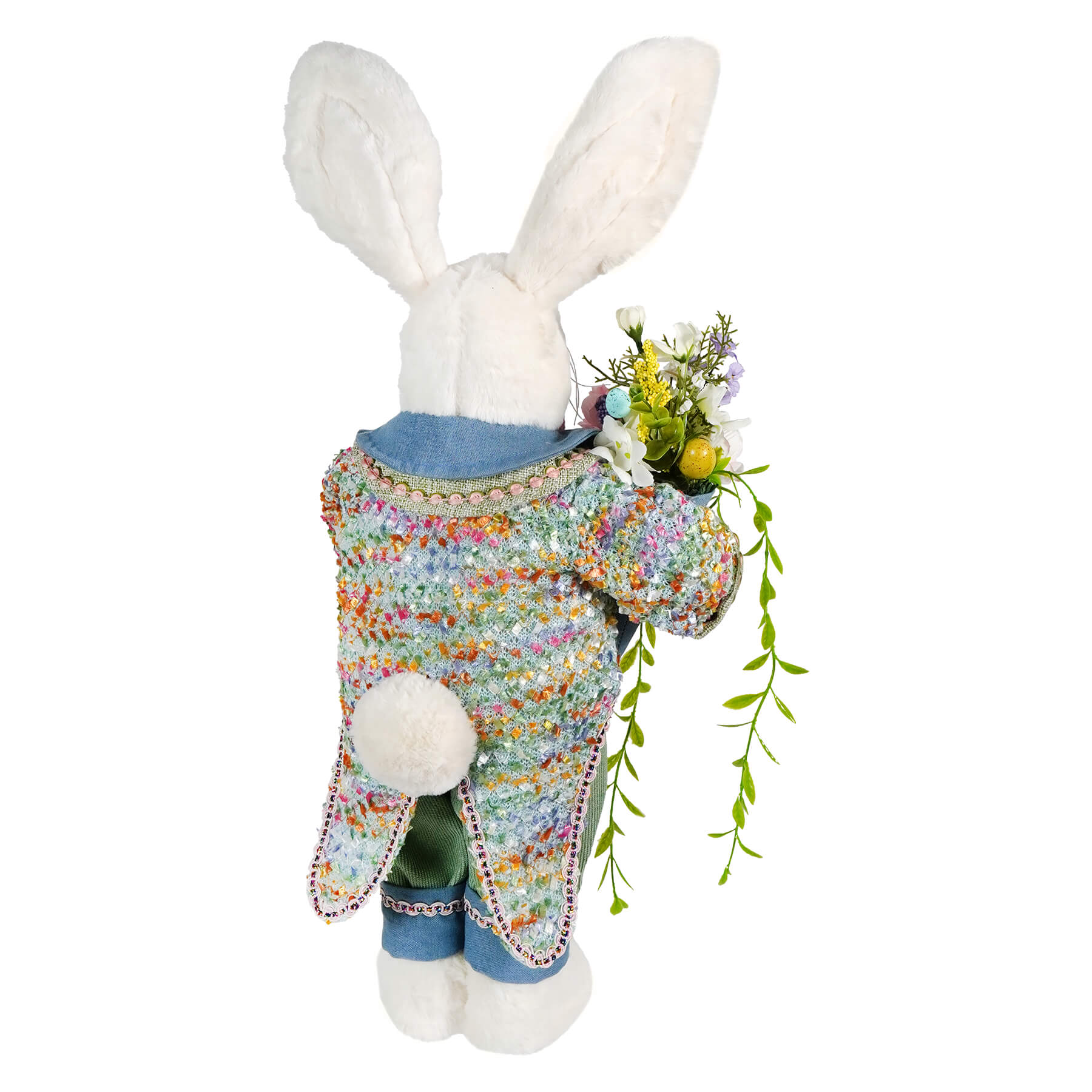 24 inch vintage easter bunny figural decor in white plush with blue sequined jacket holding bouquet of flowers