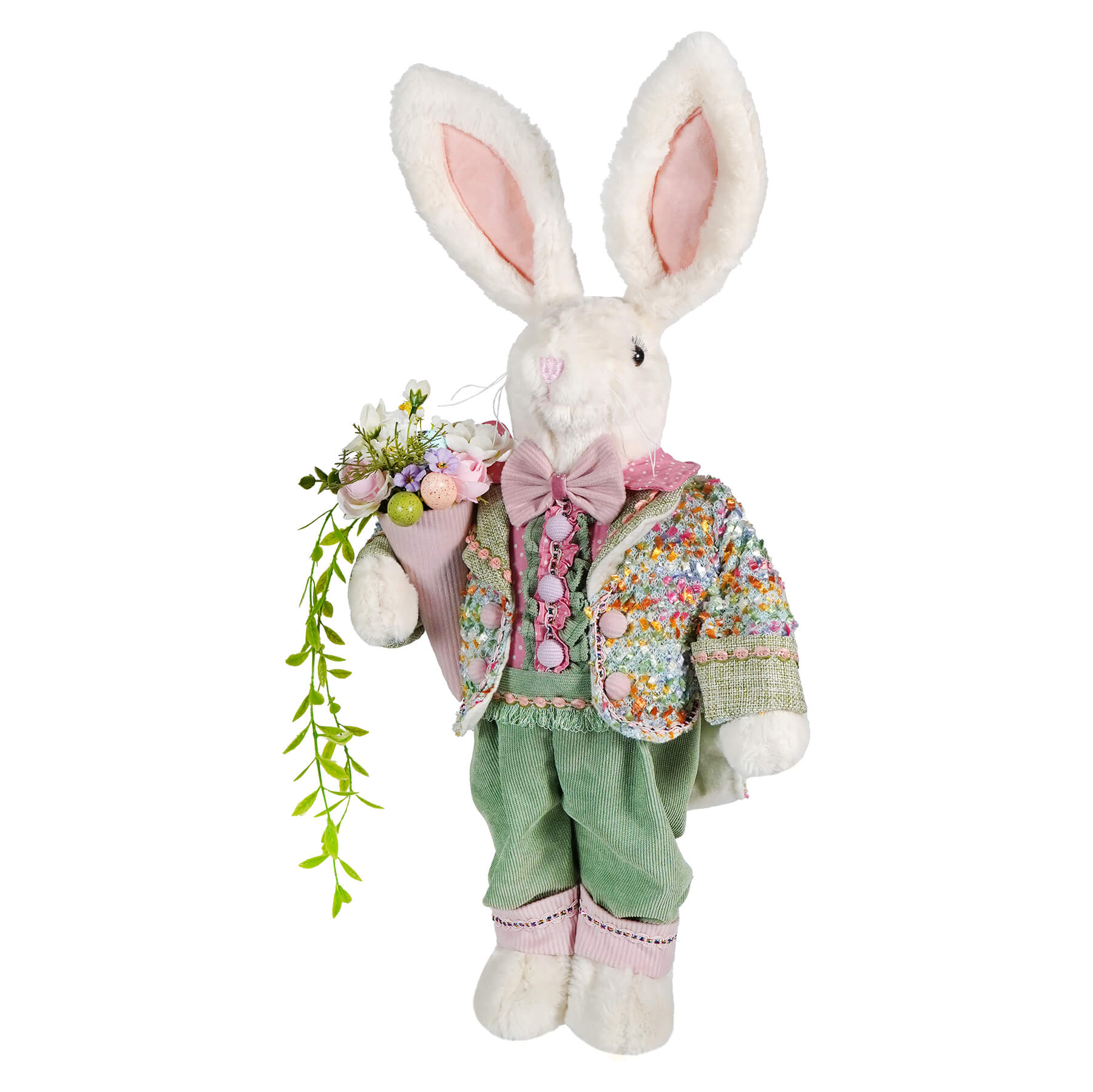 A 24 inch plush white bunny figural decor wearing floral jacket and pink bow tie holding pastel flower bouquet