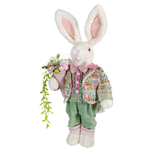 A 24 inch plush white bunny figural decor wearing floral jacket and pink bow tie holding pastel flower bouquet