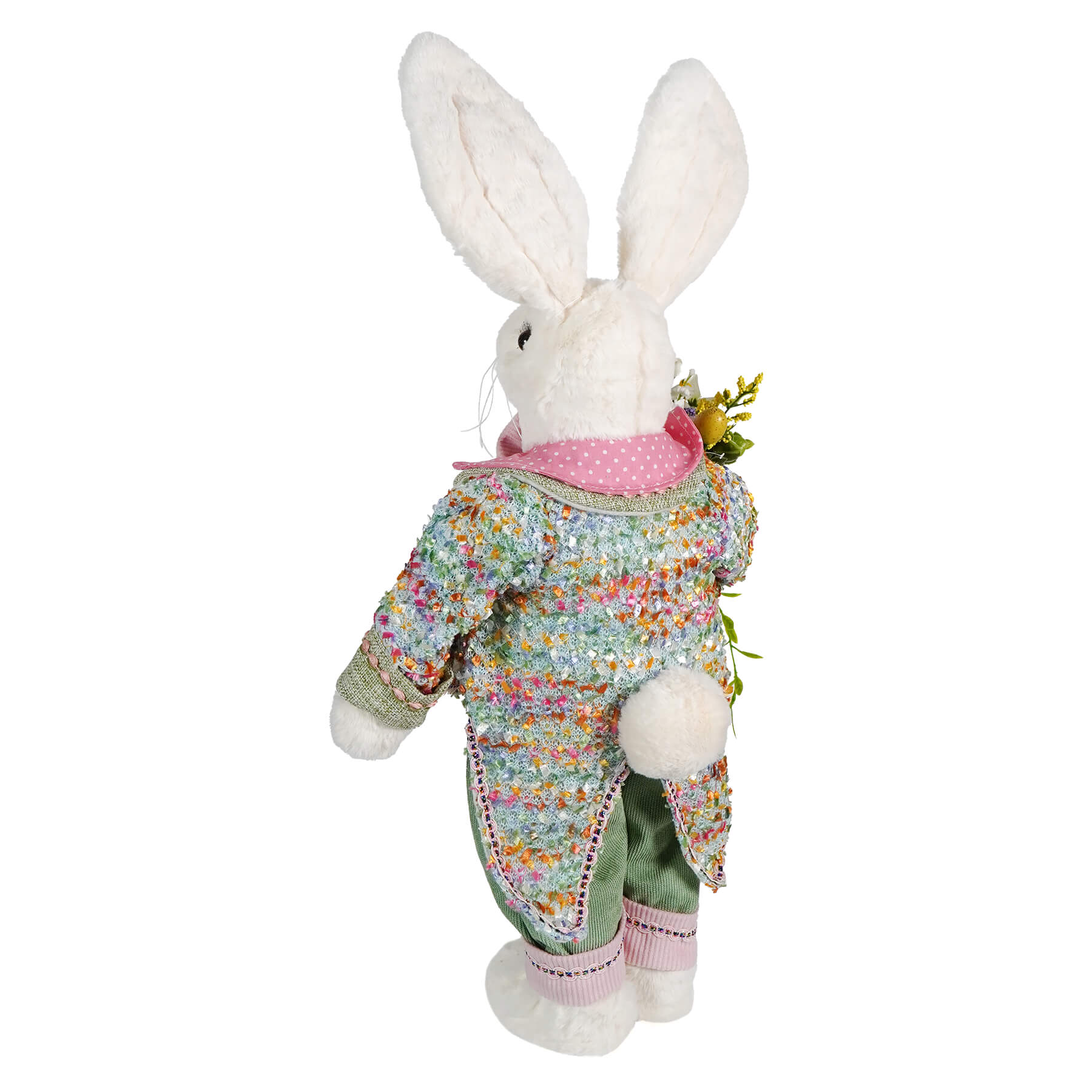 24 inch white plush bunny figural decor wearing colorful jacket with pink accents holding bouquet of flowers vintage style