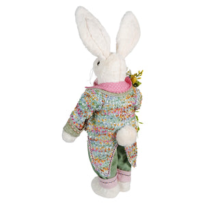 24 inch white plush bunny figural decor wearing colorful jacket with pink accents holding bouquet of flowers vintage style