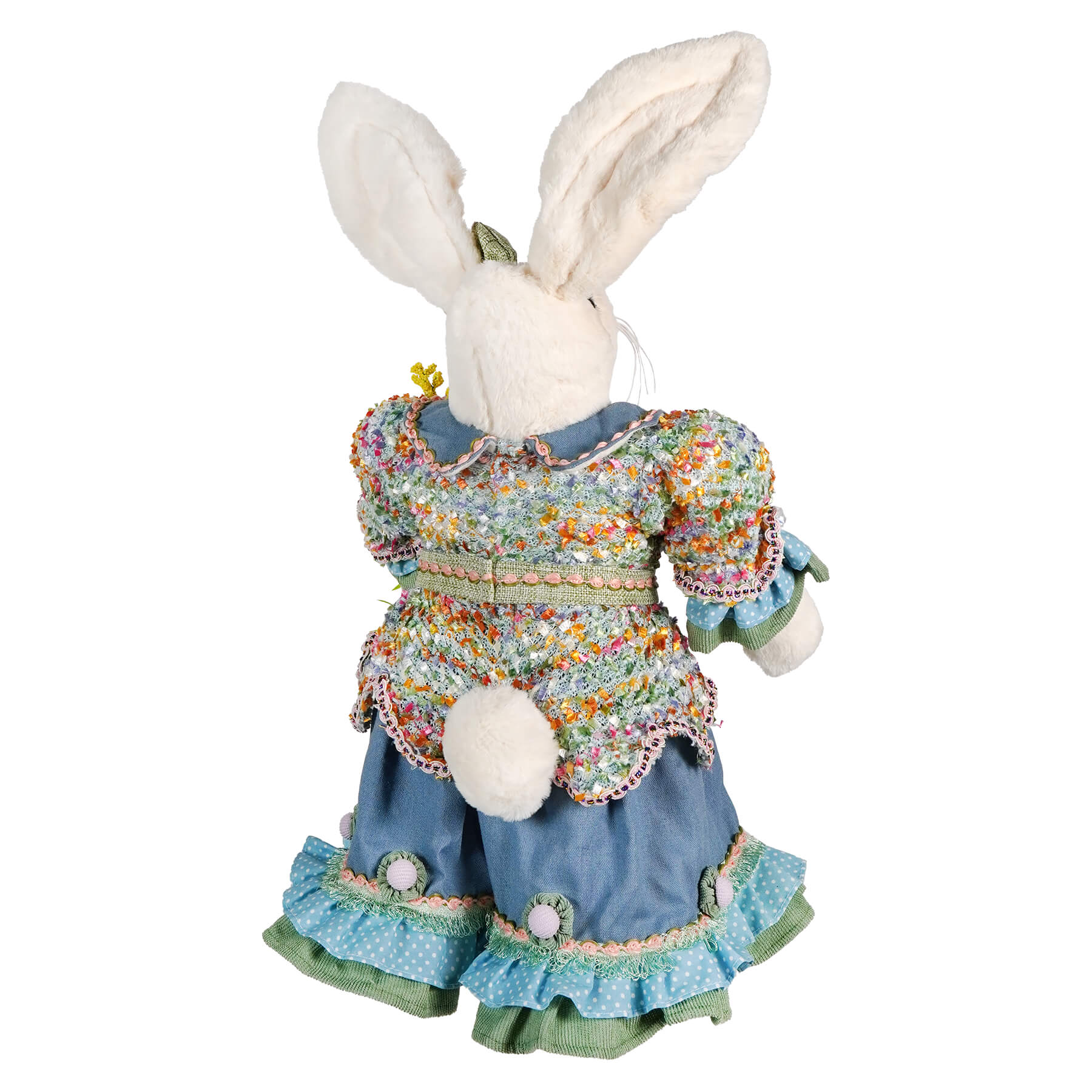 A plush 24 inch raz imports vintage easter bunny figurine in a blue green floral ruffled dress holding flowers