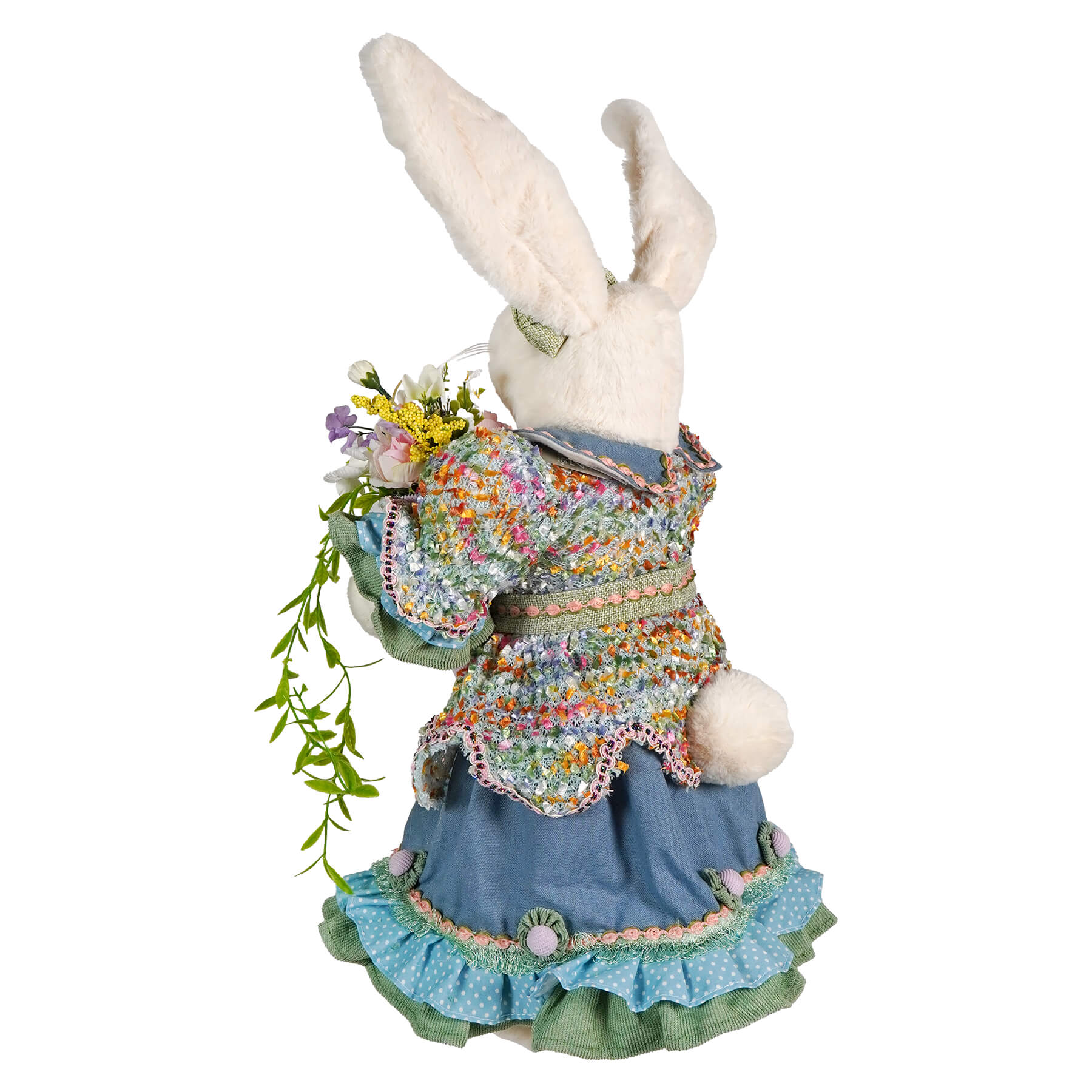 24 inch white plush vintage easter bunny from raz imports with blue ruffled skirt holding bouquet for bunny figural decor