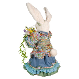24 inch white plush vintage easter bunny from raz imports with blue ruffled skirt holding bouquet for bunny figural decor