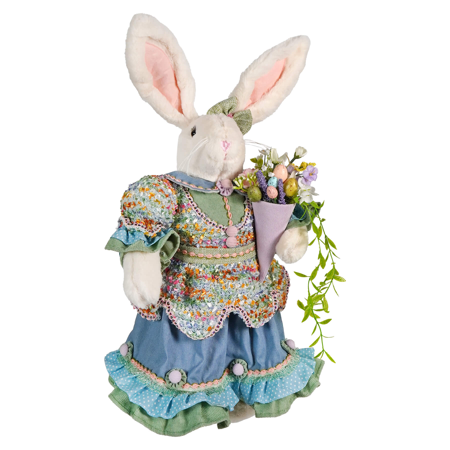 24 inch raz imports vintage easter bunny plush figurine with blue ruffled skirt holding bouquet of flowers