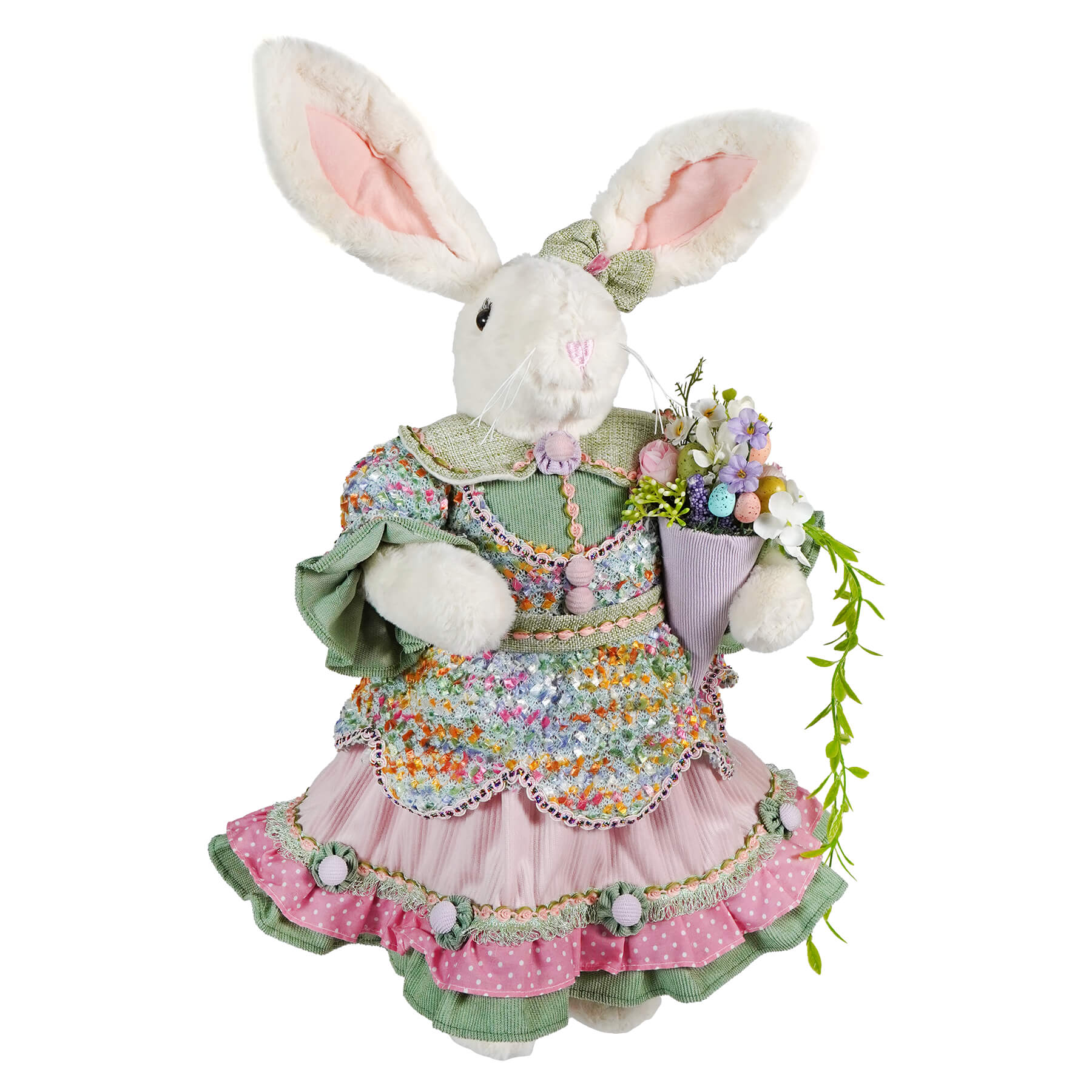 A plush 24 inch vintage easter bunny figural decor dressed in pink ruffled floral skirt holding a bouquet of flowers