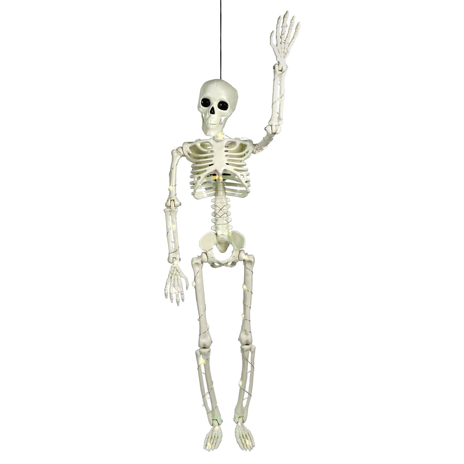 24 inch orange led lighted hanging skeleton with one arm raised perfect for halloween lights and decor