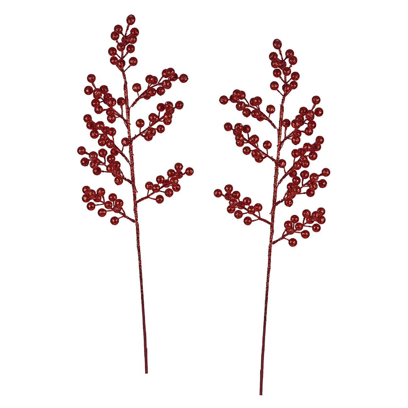 Two 24 inch red glittered cluster berry spike sprays with slender dark red stems by regency international