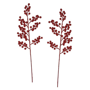 Two 24 inch red glittered cluster berry spike sprays with slender dark red stems by regency international