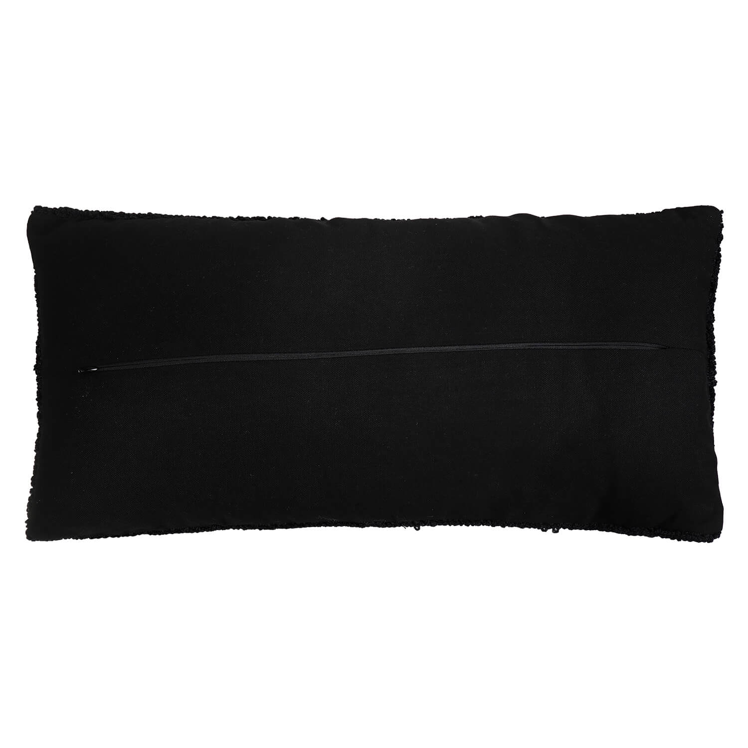 Black rectangular cushion with textured fringed edge and central zipper for relaxed skeleton hooked happy halloween pillow decor
