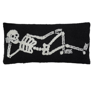 Black 24 relaxed skeleton hooked pillow with white textured skeleton design perfect as happy halloween pillow or figural decor