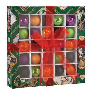 A 25 piece christmas boxed set of glossy figural decor ornaments in purple green orange and gold perfect for holiday fun