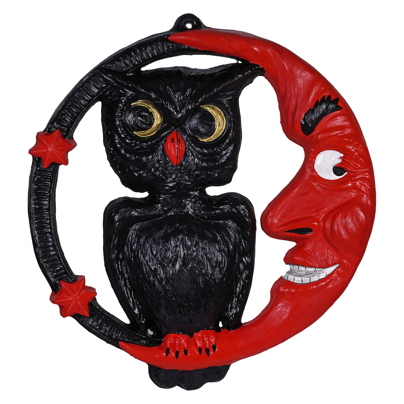 25 inch large sinister moon owl wall decor with black owl gold eyes red beak perched on smiling red crescent moon foster design