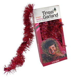 26 ft retro boxed red and pink tinsel garland in festive box perfect for figural decor tree toppers and glass bead garland
