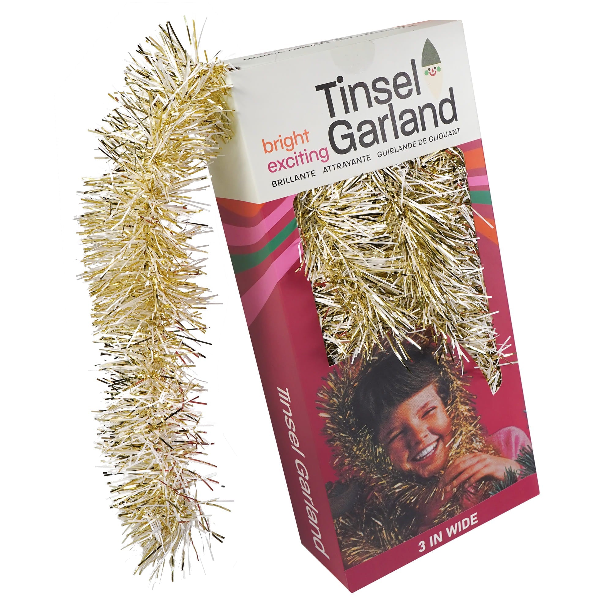 26 ft retro boxed white and gold tinsel garland with shimmering gold texture for tree toppers and figural decor