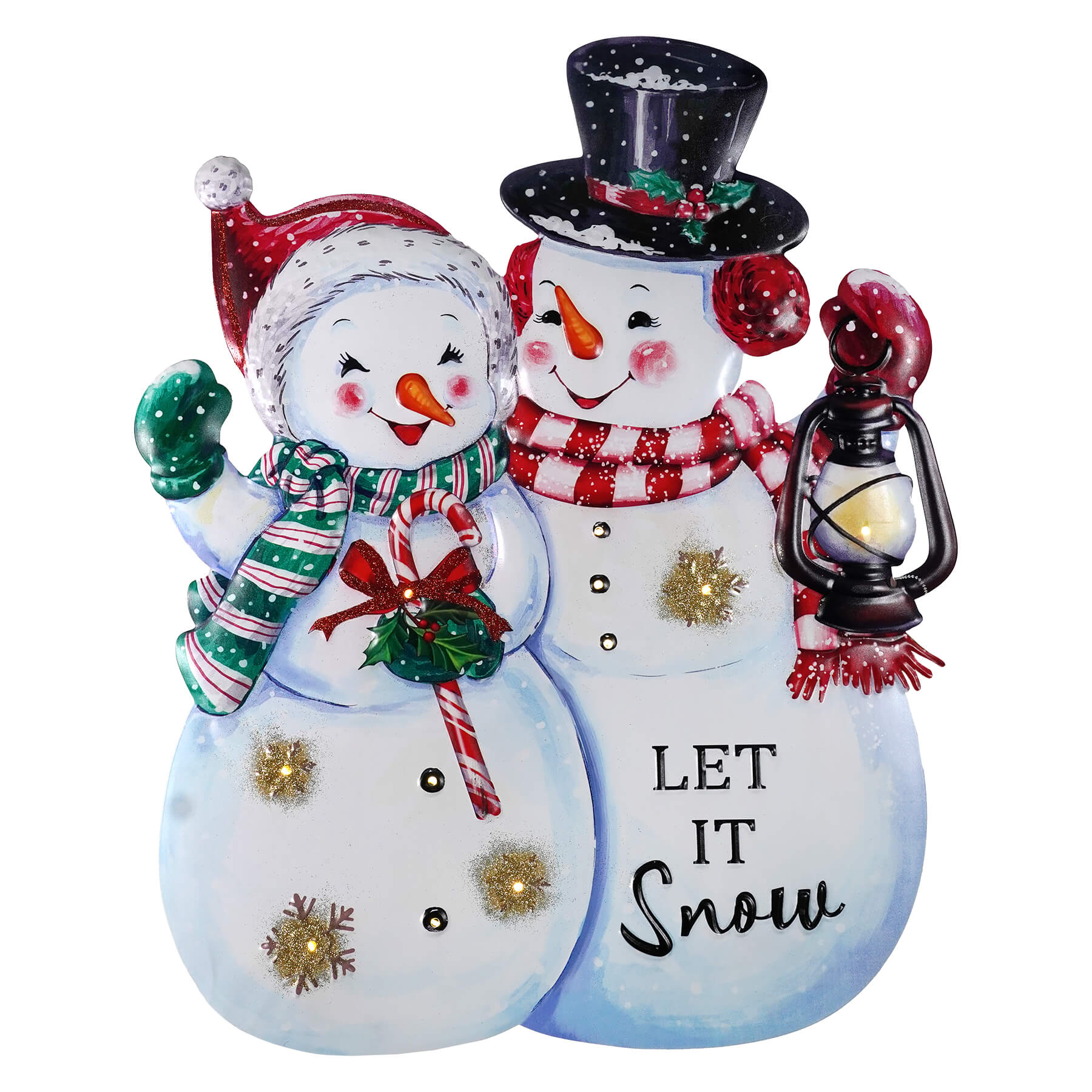 White ceramic snowman figurine with red green scarf and lantern in large led lighted metal holiday snow couple sign by gerson companies
