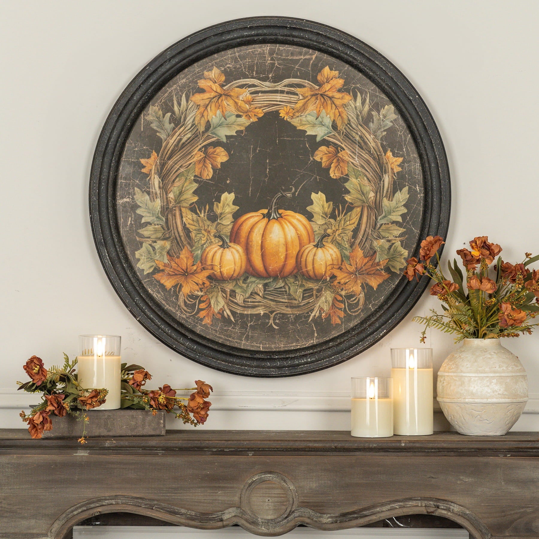 26 large round framed rustic wall art with woven wreath, autumn leaves, and orange pumpkins in distressed wood frame