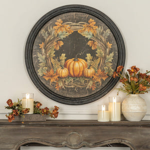 26 large round framed rustic wall art with woven wreath, autumn leaves, and orange pumpkins in distressed wood frame