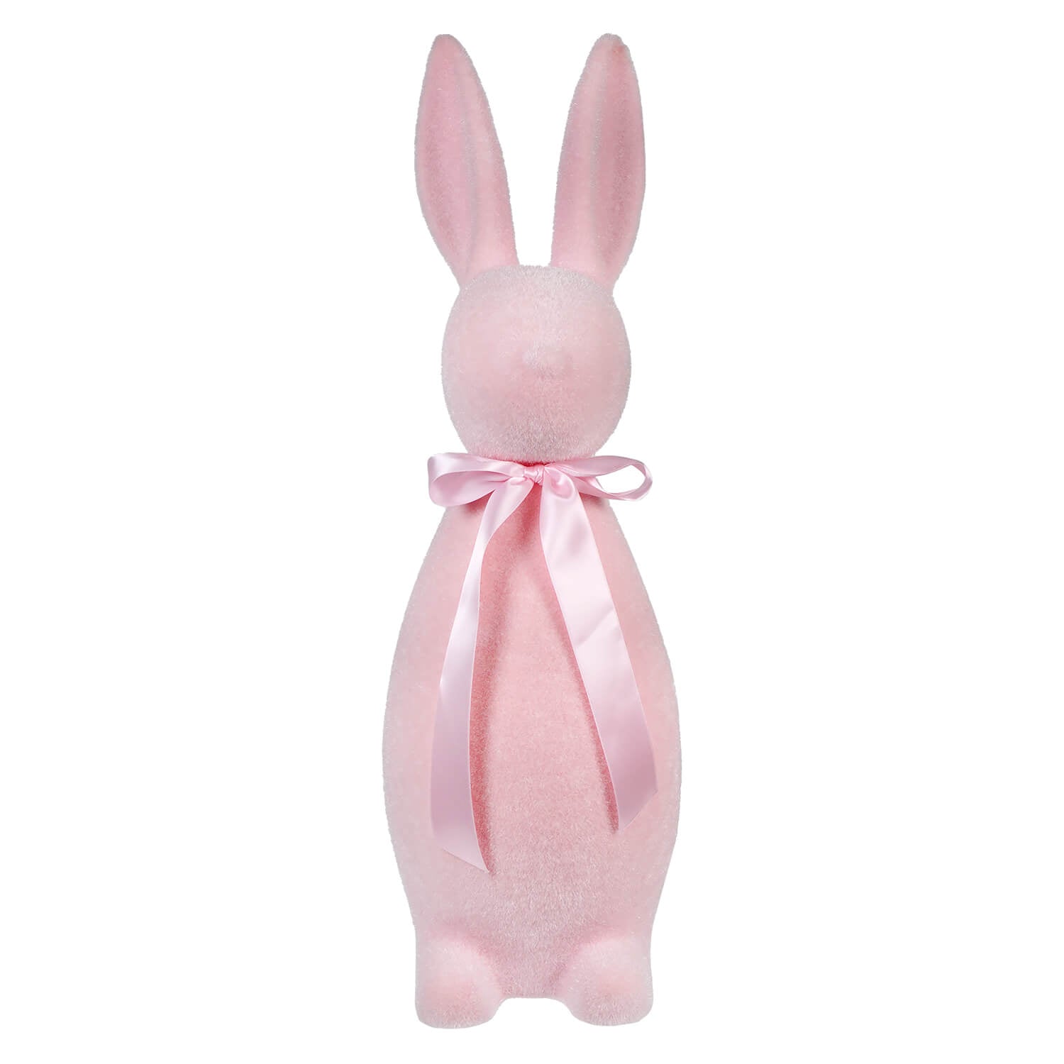 Pink ceramic bunny figurine with a satin bow around its neck.