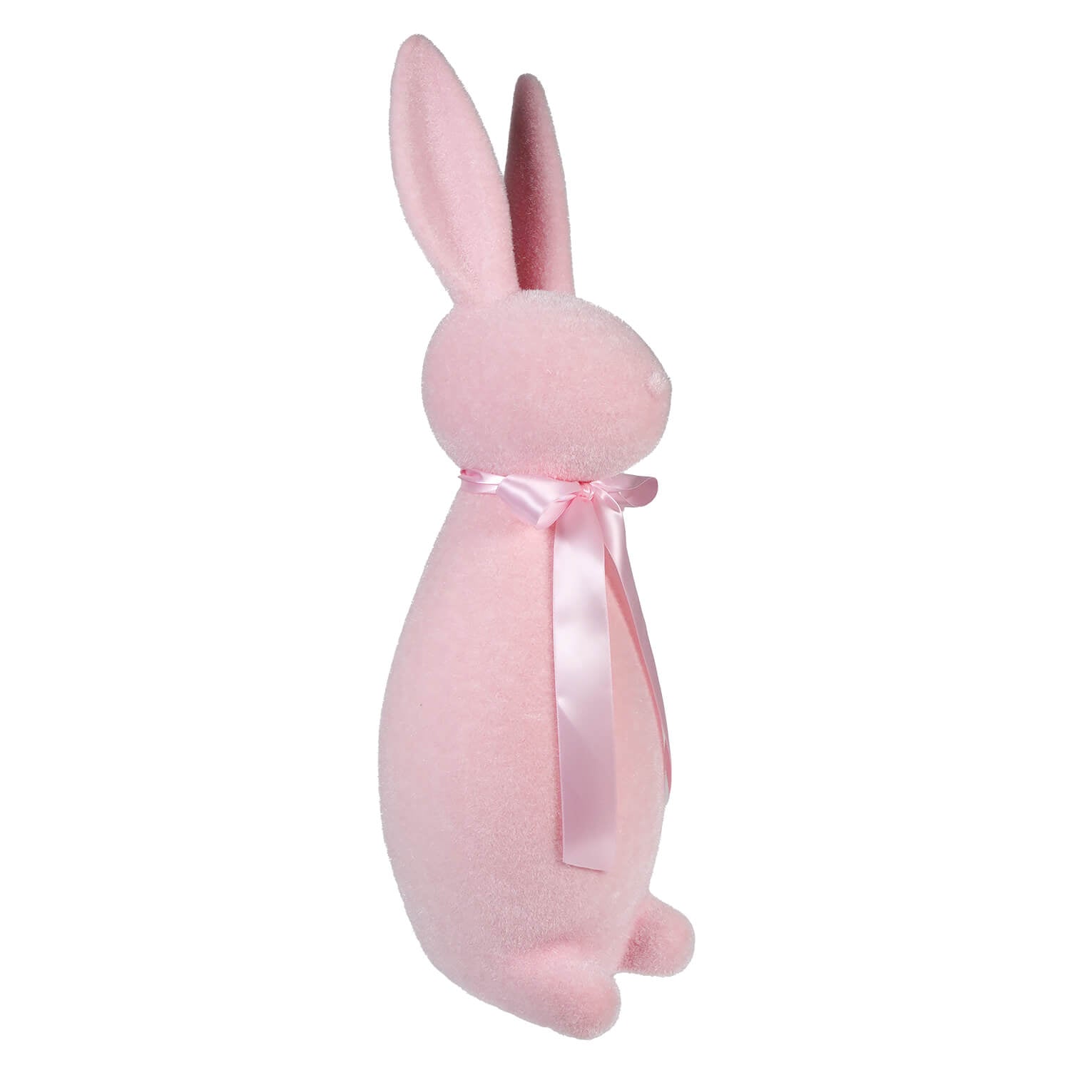 Pink plush bunny with a satin bow around its neck.
